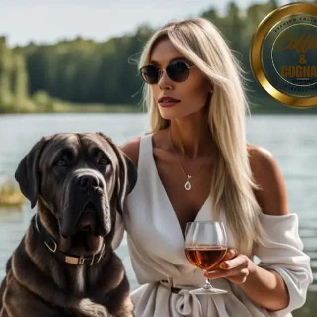 Woman with a glass of cognac beside a Cane Corso by a lake
